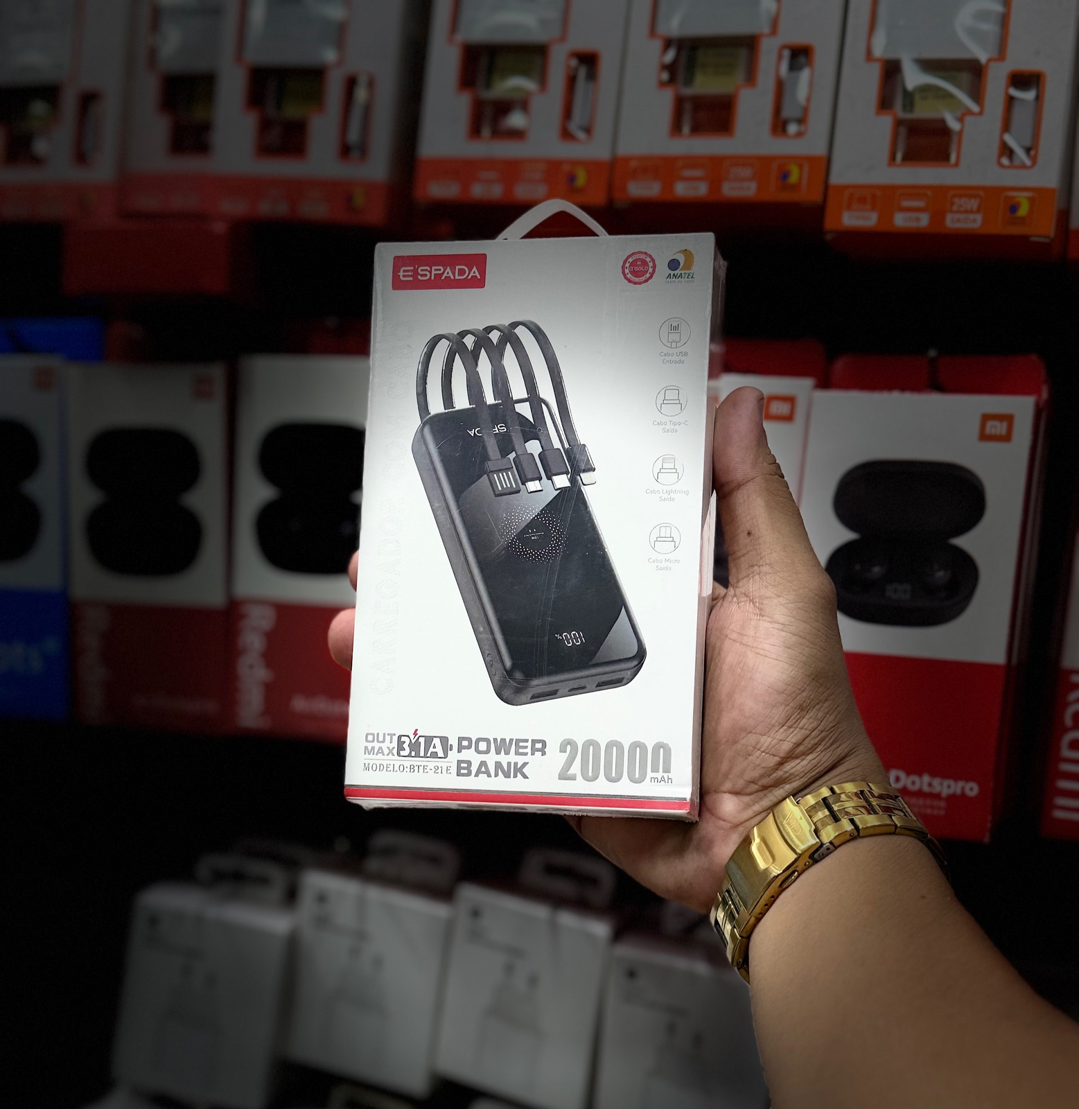 Powerbank E'Spada BTE-21E 20.000mAh com Cabos Integrados